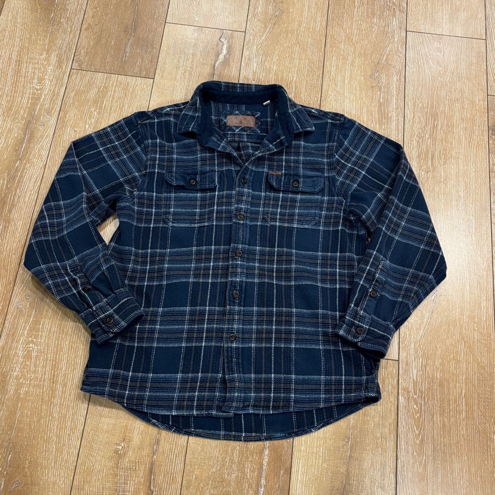Orvis Mens Navy Blue Plaid Fleece Lined Flannel Shirt Jacket Size Large